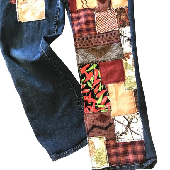 Upcycled Southwest Patchwork Jeans, Women’s 12P: Handmade Aztec Tribal Patches - Picture 5 of 12